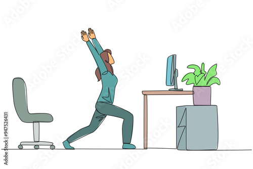 Single one line drawing woman stands with both hands raised and legs stretched. Relax while working. Calming mind. Focus even if work overtime on weekends. Continuous line design graphic illustration