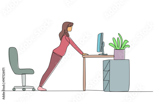 Continuous one line drawing woman do push up movements by holding edge of work table. Overcome boredom with light exercise. Helps stay focused. Overtime. Single line draw design vector illustration