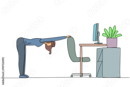 Single continuous line drawing woman bowed while stretching his hand on her work chair. Warm up movements. Light exercise while at the office. Overtime on weekend. One line design vector illustration