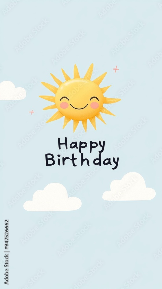 A cheerful illustration featuring a smiling sun and fluffy white clouds on a light blue background with the text A cheerful illustration featuring a smiling sun and fluffy white clouds on a light blue background with the text