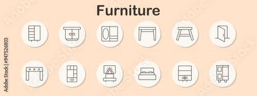 Furniture icon set. Various furniture symbols including shelves, cabinets, vanities, and beds for home and office interior design and decor