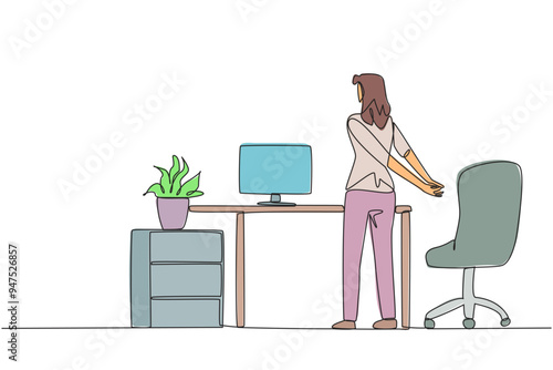 Single continuous line drawing woman stands with her hands behind her back. Avoid serious injuries due to rarely exercising. Take time to stretch at the office. One line design vector illustration