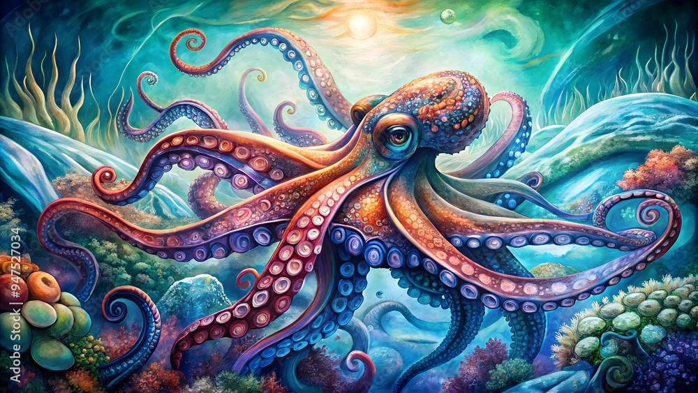 Vibrant Octopus in a Colorful Underwater Scene, Detailed Marine Life Art Vibrant Octopus in a Colorful Underwater Scene, Detailed Marine Life Art