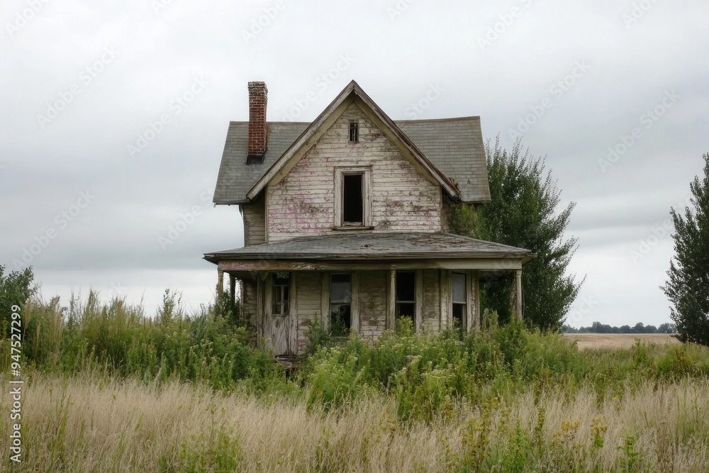 A dilapidated, abandoned house with a deteriorating porch and broken windows, surrounded by overgrown grass. The overcast sky and bare trees in the background add a somber and desolate mood to the sce A dilapidated, abandoned house with a deteriorating porch and broken windows, surrounded by overgrown grass. The overcast sky and bare trees in the background add a somber and desolate mood to the sce