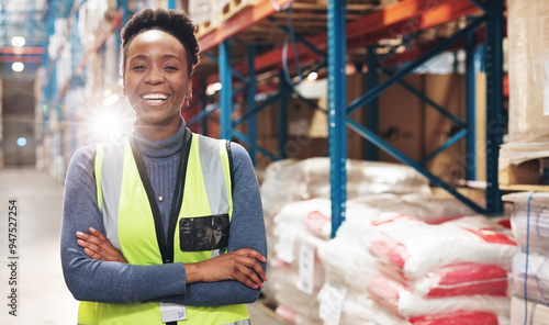 Photos Black woman, portrait and supplier with confidence for logistics, shipment or inventory management at warehouse