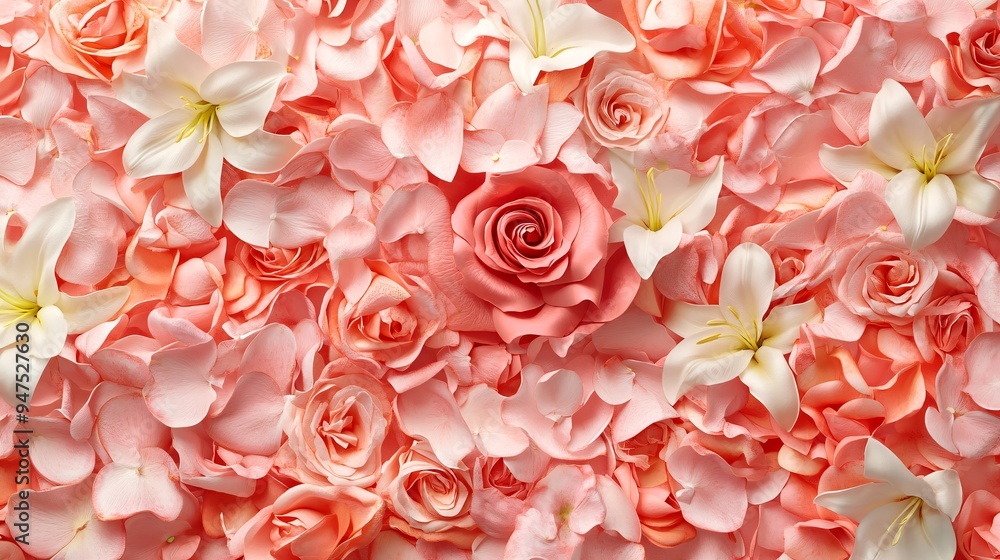 Textured 3D background with a rich mix of rose and lily petals
