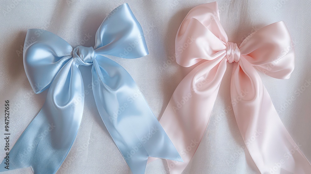 Two satin bows, one pale blue and one pink, are tied on a white netted fabric. Two satin bows, one pale blue and one pink, are tied on a white netted fabric.