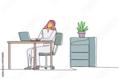 Continuous one line drawing Arab man sitting in work chair typing on a laptop with his head tilted. Stretching. Eliminates stiff neck due to being too busy. Single line draw design vector illustration