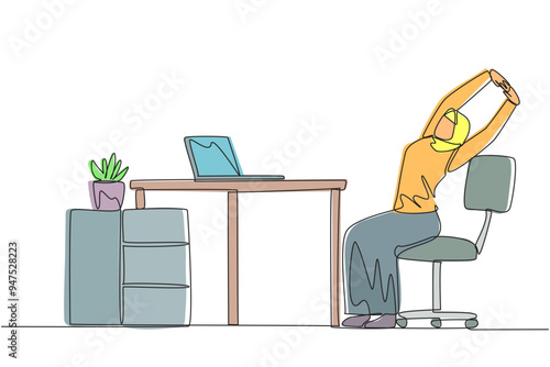 Single continuous line drawing Arab woman sitting in work chair while raising both hands. Squirming. Need relaxation. Complete reports on time. Overtime on weekend. One line design vector illustration