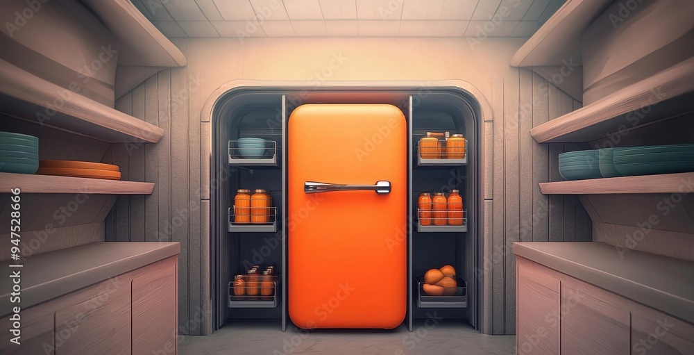 Fototapeta premium A 3D-rendered smart kitchen appliance, integrated into a high-tech pantry system with automated storage, Futuristic, Digital Art