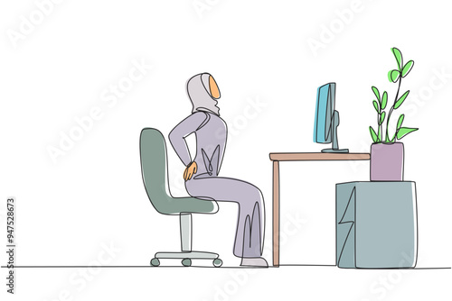 Single continuous line drawing Arab woman sitting in work chair with hands holding waist. Stretching. Too focused and rarely drinking, makes feels stiff. Hectic. One line design vector illustration