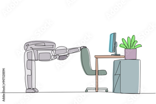 Single one line drawing astronaut bowed while holding his hand on his work chair. Stretching. Eliminates excessive nervousness. Preparing for expedition. Continuous line design graphic illustration