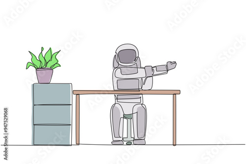 Continuous one line drawing astronaut sitting in a work chair with his arms crossed. Warm up seriously before continuing busy work. Cosmonaut outer space. Single line draw design vector illustration