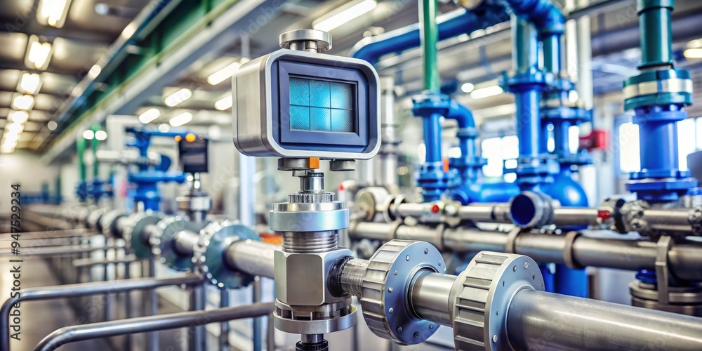 a photo image of a digital flow meter in a industrial setting, displaying precise gas flow measurements on a bright LCD screen a photo image of a digital flow meter in a industrial setting, displaying precise gas flow measurements on a bright LCD screen