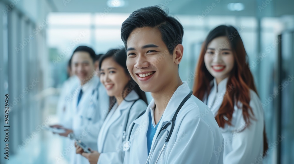 Unity in Healthcare. Multicultural team of doctors sharing joy in hospital lobby Unity in Healthcare. Multicultural team of doctors sharing joy in hospital lobby