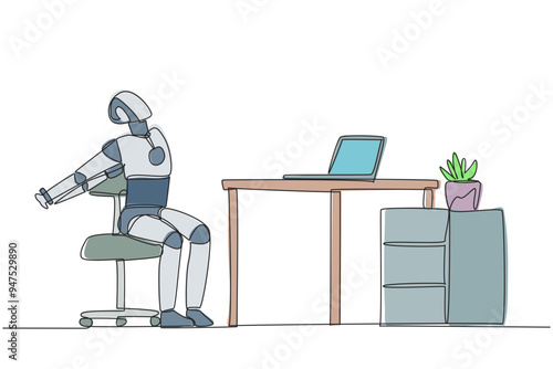 Single continuous line drawing robot sitting in work chair stretching arms behind back. Stretching robot. Programmed like humans in general. Future technology AI. One line design vector illustration