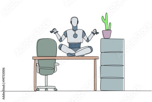 Single continuous line drawing smart robot sitting cross-legged on a work desk. Artificial intelligence makes people behave like humans. Relaxing yoga. Future tech. One line design vector illustration