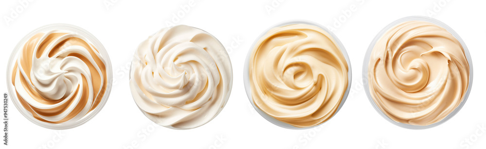 Four bowls of creamy swirling dessert, showcasing different shades and textures. Perfect for culinary and food presentations. Four bowls of creamy swirling dessert, showcasing different shades and textures. Perfect for culinary and food presentations.