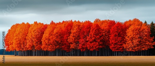 Grove of Orange Autumn Trees on a Cloudy Day. Generative ai photo