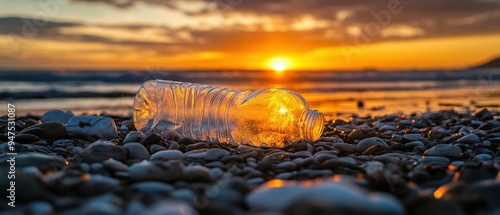 Plastic Bottle on Rocky Beach at Sunset. Generative ai photo