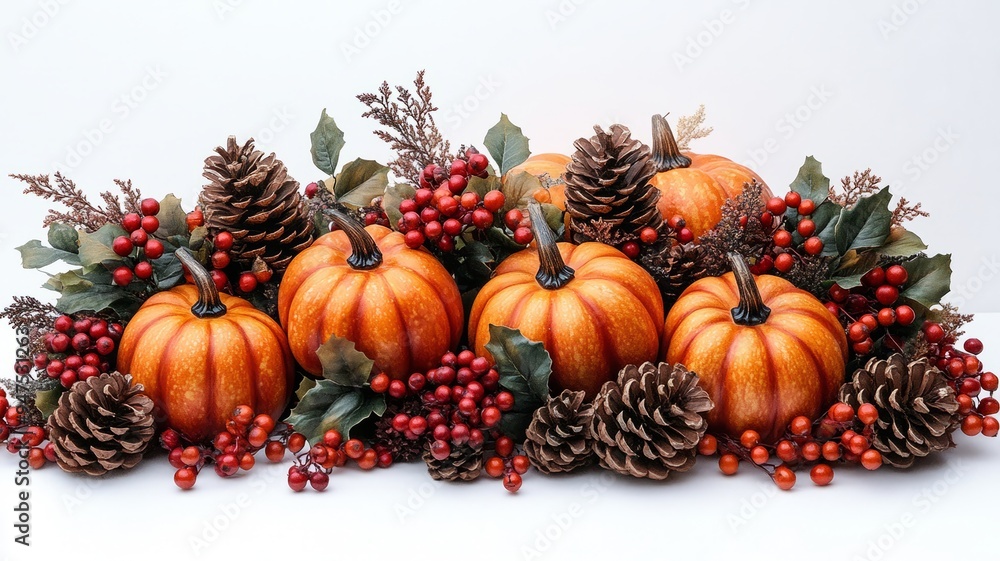 Autumn-themed arrangement of pumpkins, pinecones, and berries on a white background Autumn-themed arrangement of pumpkins, pinecones, and berries on a white background