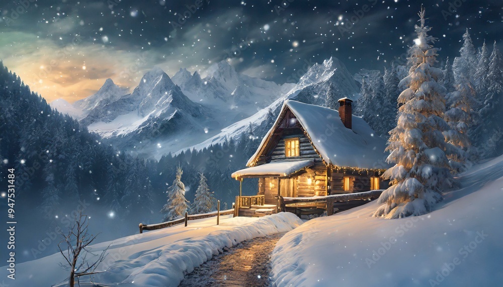 Fototapeta premium winter atmospheric landscape. in the background mountains, night, light snowfall and a lonely house with a light in the window and garlands