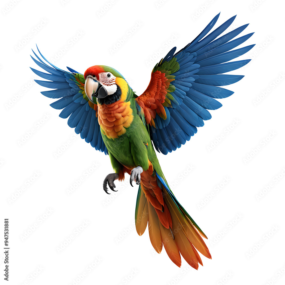 Fototapeta premium Fantasy parrot with open wings on transparent background