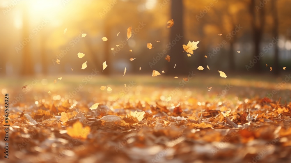 Naklejka premium Tranquil forest scene featuring golden autumn leaves gracefully falling onto the ground