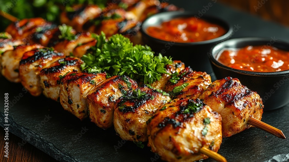 Grilled Chicken Skewers with Parsley and Spicy Sauce Grilled Chicken Skewers with Parsley and Spicy Sauce