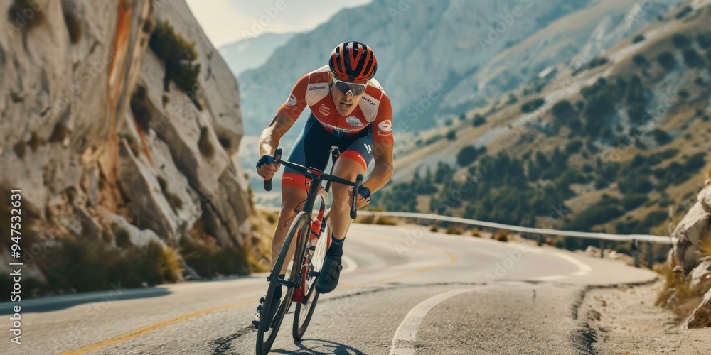 Fototapeta premium Cyclist Navigating Curvy Mountain Road