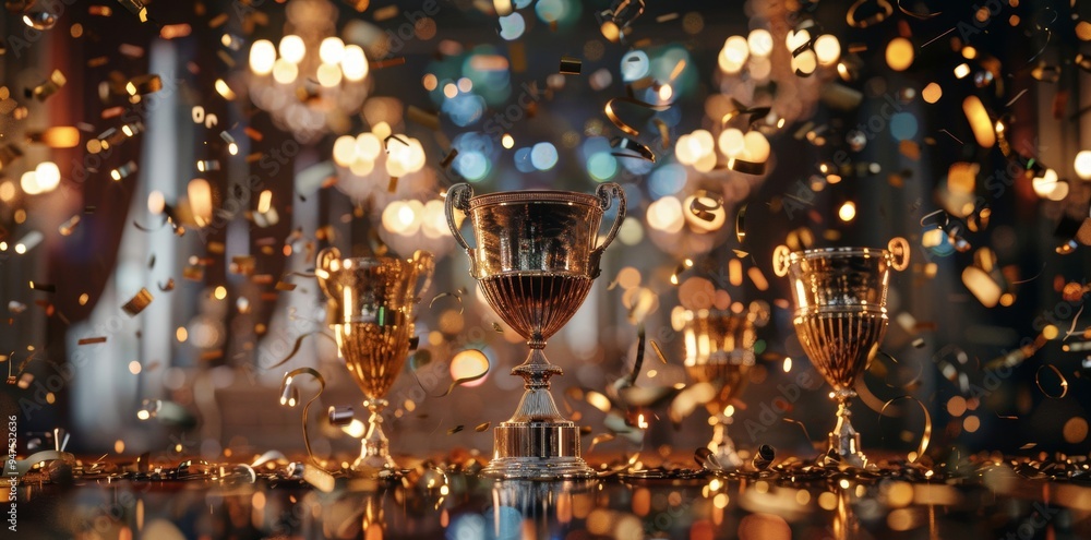 golden trophies surrounded by radiant lights and vibrant confetti in a luxurious setting. golden trophies surrounded by radiant lights and vibrant confetti in a luxurious setting.