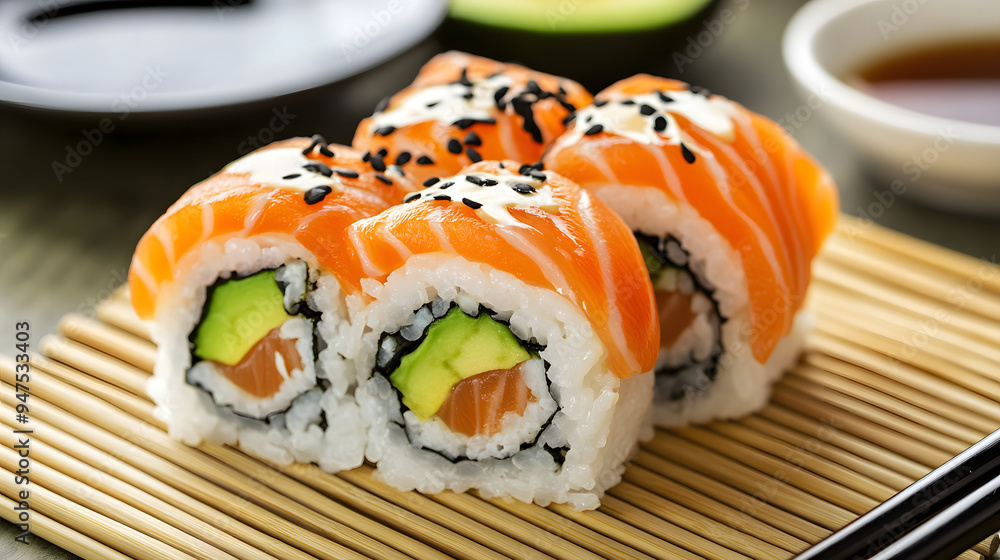 Fusion Twist A creative take on smoked salmon, served sushi-style with rice and avocado, drizzled with soy sauce and wasabi, presented on a bamboo Fusion Twist A creative take on smoked salmon, served sushi-style with rice and avocado, drizzled with soy sauce and wasabi, presented on a bamboo