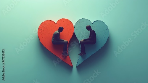 Two figures sit on broken hearts, symbolizing heartbreak and separation.