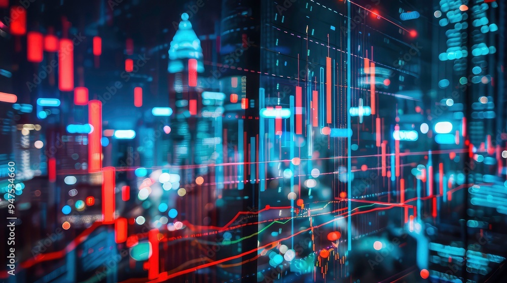 An abstract cityscape at night, with blurry lights and superimposed data visualizations, creating a sense of futuristic technology. An abstract cityscape at night, with blurry lights and superimposed data visualizations, creating a sense of futuristic technology.