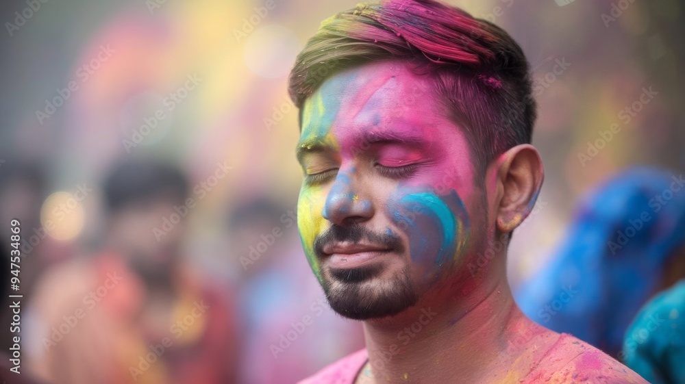 Close-up portrait of an Indian man with colorful Holi powder on his face, eyes closed, with a serene expression, symbolizing joy, tradition, and the cultural celebration of the Holi festival Close-up portrait of an Indian man with colorful Holi powder on his face, eyes closed, with a serene expression, symbolizing joy, tradition, and the cultural celebration of the Holi festival
