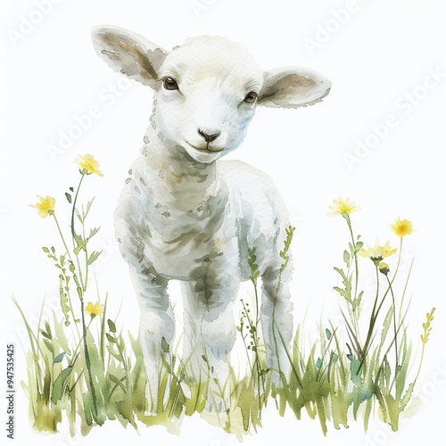 Gentle lamb in a meadow single object clipart photo