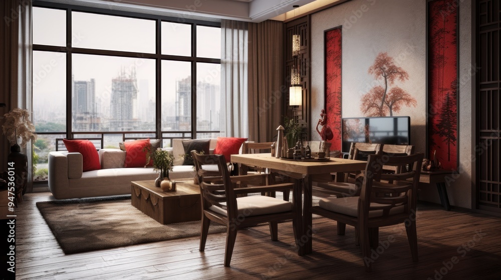 Modern Asian Living Room with City View Modern Asian Living Room with City View