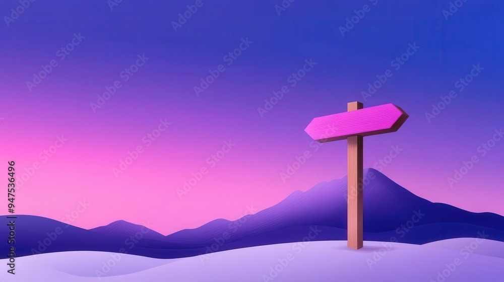A colorful signpost stands on a serene snowy landscape under a vibrant twilight sky, perfect for direction and travel themes. A colorful signpost stands on a serene snowy landscape under a vibrant twilight sky, perfect for direction and travel themes.