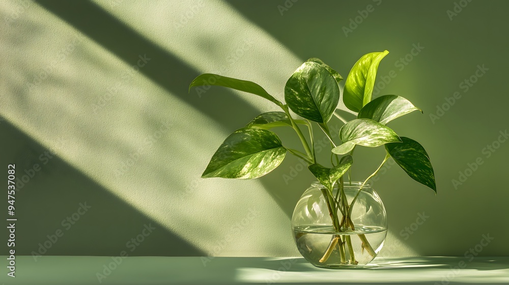 Embracing Nature's Simplicity: A Lush Green Plant in a Glass Vase Illuminated by Soft Sunlight Embracing Nature's Simplicity: A Lush Green Plant in a Glass Vase Illuminated by Soft Sunlight