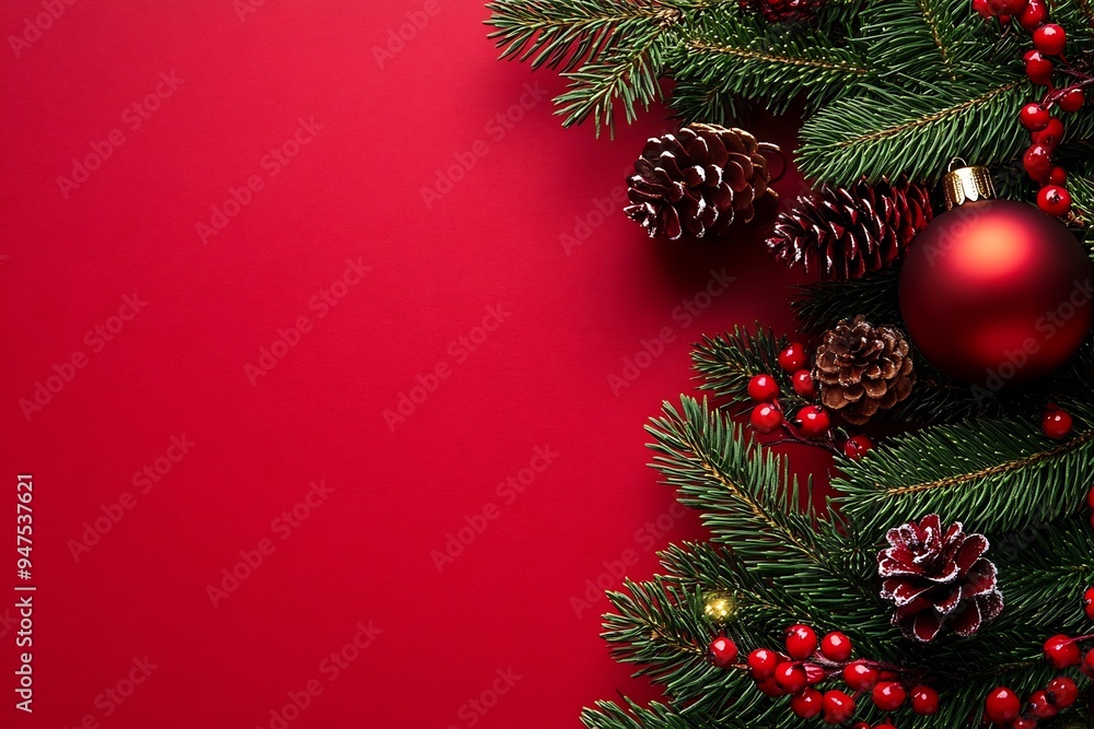 Christmas border with pine tree and decorations on a red background Christmas border with pine tree and decorations on a red background