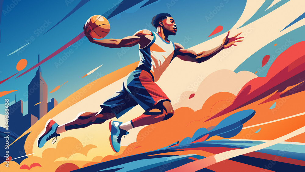 Illustration of a basketball player throwing the ball with one hand. The color palette consists of blue, orange and white shades. The player is wearing a basketball jersey and shorts Illustration of a basketball player throwing the ball with one hand. The color palette consists of blue, orange and white shades. The player is wearing a basketball jersey and shorts