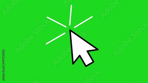 Animated icon of arrow cursor. Mouse click symbol with blink spark. computer desktop icons animation. Flat illustration isolated on green background. Chroma key. 4K