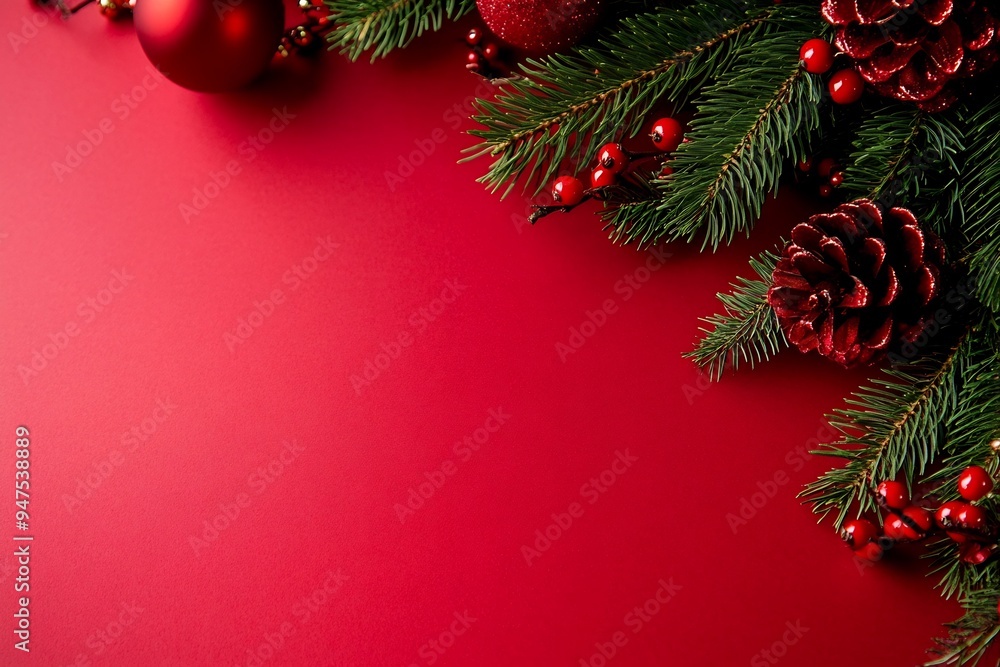 Christmas border with pine tree and decorations on a red background Christmas border with pine tree and decorations on a red background