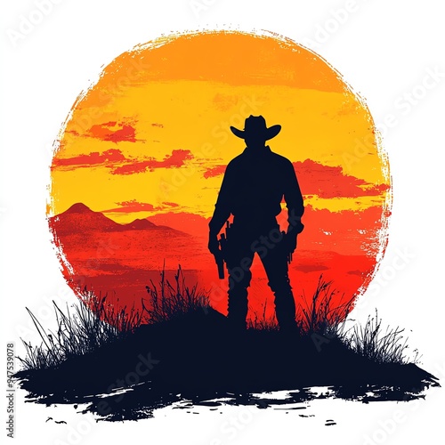 A cowboy silhouette at sunset clipart, Western theme, flat design, with a vibrant orange and yellow sky, isolated on white background