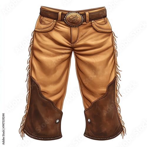 A pair of cowboy chaps clipart, Western clothing, realistic style, with leather textures, isolated on white background