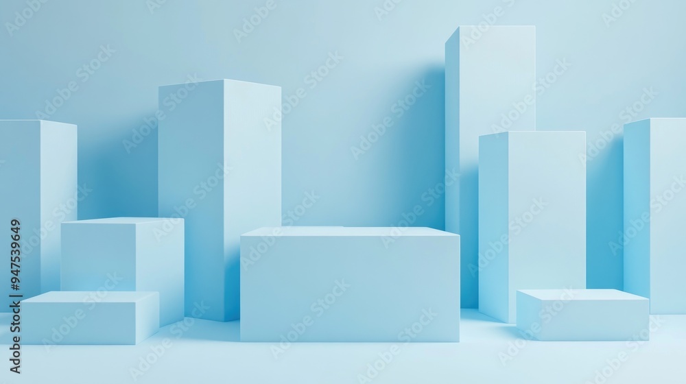 Studio setup featuring a light blue backdrop with cube pedestals of varying sizes 3D illustration and rendering concept for product displays Studio setup featuring a light blue backdrop with cube pedestals of varying sizes 3D illustration and rendering concept for product displays