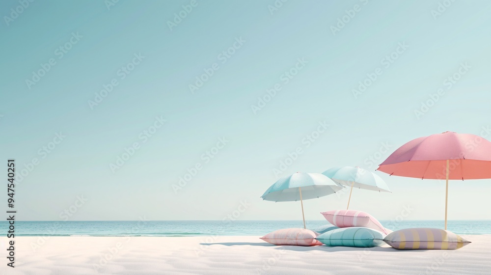 A vibrant 3D illustration of a tropical beach with colorful beach towels, umbrellas, and a clear ocean view, offering generous copy space in the sky and sand areas. A vibrant 3D illustration of a tropical beach with colorful beach towels, umbrellas, and a clear ocean view, offering generous copy space in the sky and sand areas.