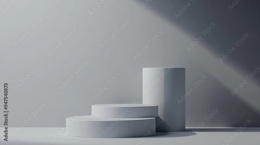 Fototapeta premium Realistic 3D cylinder steps pedestal podium arrangement Minimal gray backdrop ideal for product display