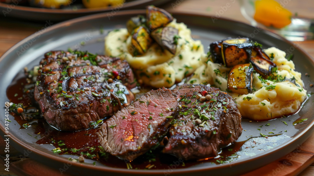 Steak with Mashed Potatoes: A seared steak served with portion of creamy mashed potatoes and a side of sautéed green beans Steak with Mashed Potatoes: A seared steak served with portion of creamy mashed potatoes and a side of sautéed green beans
