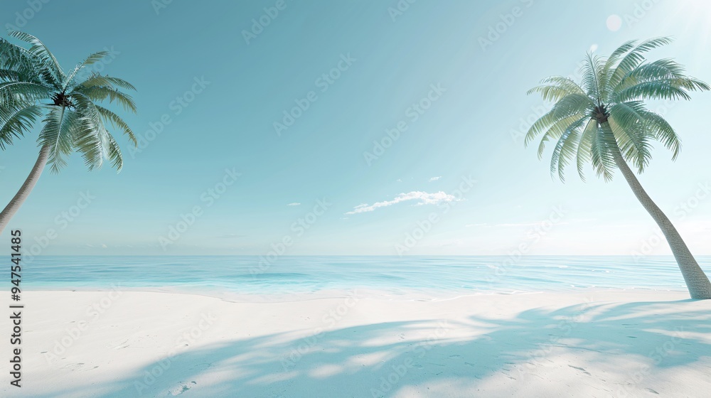 A vibrant summer 3D background featuring a sunny beach scene with palm trees, blue sky, and a calm ocean, offering ample copy space in the sky and sand areas. A vibrant summer 3D background featuring a sunny beach scene with palm trees, blue sky, and a calm ocean, offering ample copy space in the sky and sand areas.